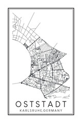 Hand drawn printable downtown road map poster of borough OSTSTADT of the German city of KARLSRUHE on solid white background with city name