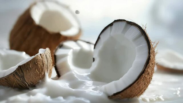 Cracked coconuts splashing into refreshing coconut milk