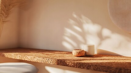 Sunlit cork shelf with decorative vessels.
