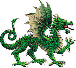 Fototapeta premium A stylised heraldry coat of arms crest style dragon in passant walking pose in a vintage woodcut style