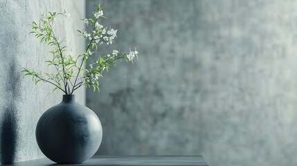 Gray vase with flowering branches against a textured wall.