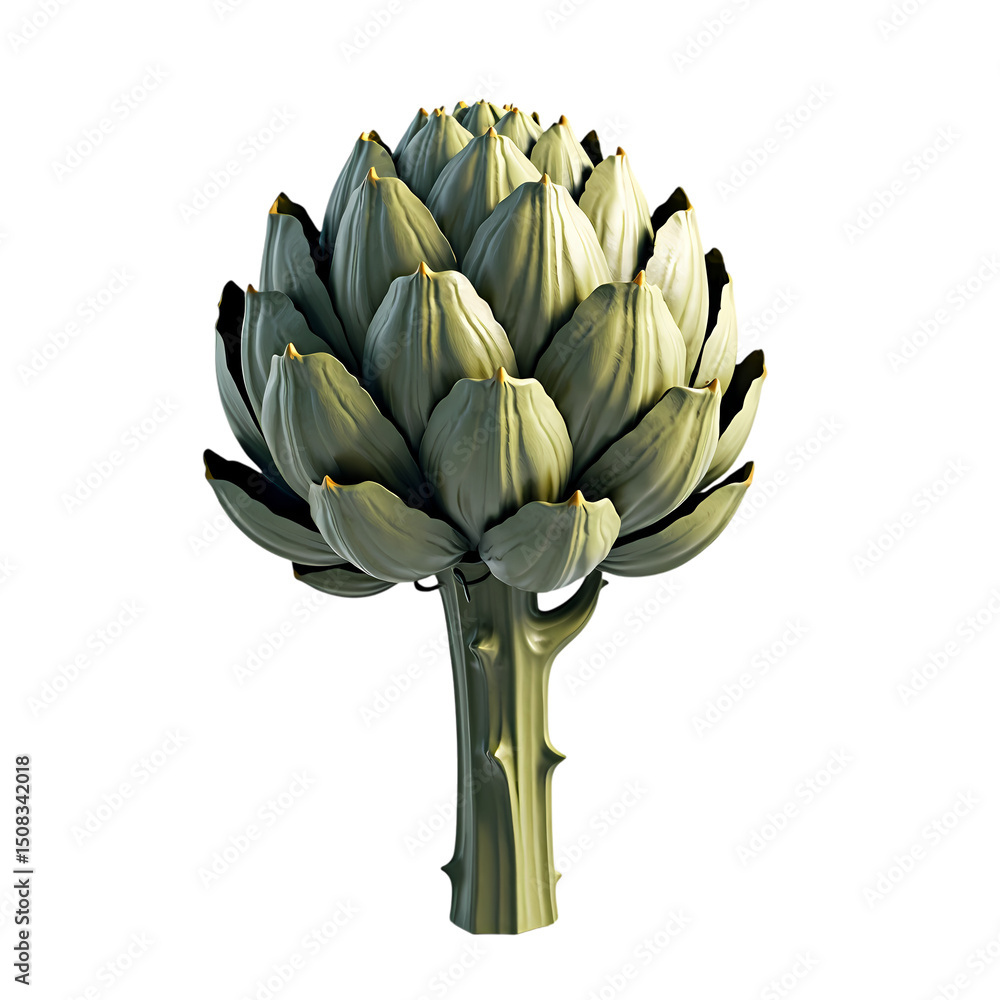Poster a single artichoke with many overlapping petals and a thick stem isolated on a black background isol