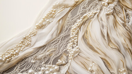 Elegant fabric with intricate lace and pearl details, perfect for bridal or formal designs.