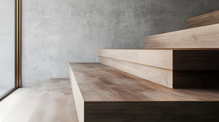 Wooden steps against a textured concrete wall.