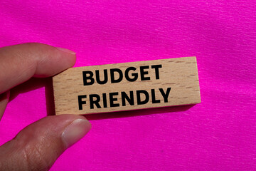 Budget friendly message written on wooden block on pink background. Conceptual budget friendly...