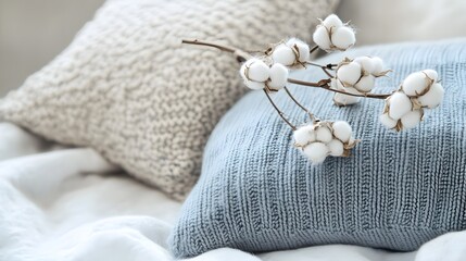 Knitted cushions with cotton sprigs.