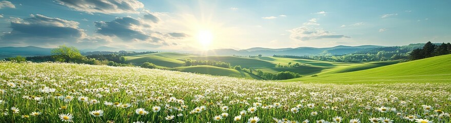 Daisy Meadow at Sunset in the Countryside