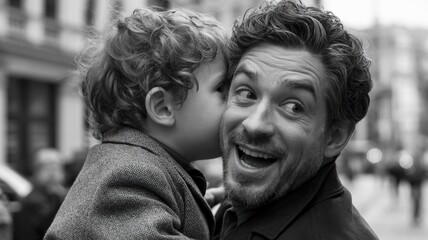Young caucasian child whispering to smiling caucasian adult male in urban setting