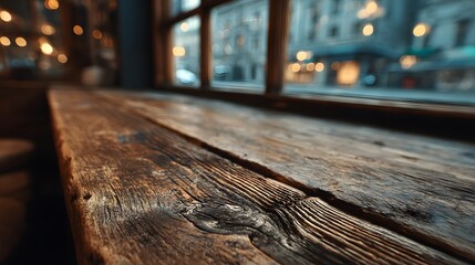 Vintage wooden table with soft window reflection, conveying timeless warmth and natural elegance