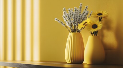 Yellow vases with flowers on a shelf.