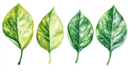 Watercolor Green Leaves: Four Distinct Leaves with Veins on White