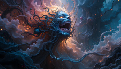 Fantasy monster face in cosmic nebula background digital art wallpaper hd