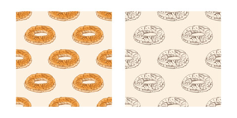 Hand drawn vintage seamless pattern of round bagels in engraving style, color and monochrome versions on beige background