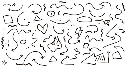 Hand-drawn marker line elements set. Brush arrows, sketch pencil strokes, pen underlines, and scribble icons. Includes doodle-style hearts, crowns, and stars. Vector illustration.