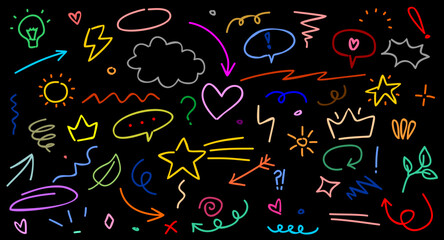 Colorful hand-drawn marker line elements set. Brush arrows, sketch pencil strokes, pen underlines, and scribble icons. Includes doodle-style hearts, crowns, and stars. Vector illustration.