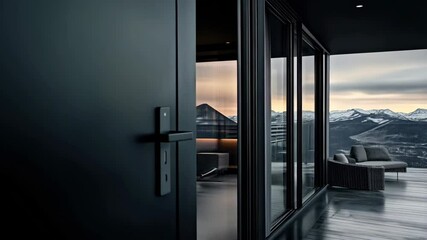 close up of modern door handle on the balcony with mountain view