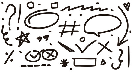 Hand-drawn marker elements set. Includes grunge-style doodle underlines, icons, highlights, speech bubbles, arrows, and abstract shapes. Vector illustration on white background.