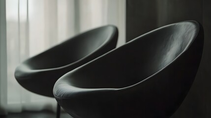 Two modern black leather armchairs.