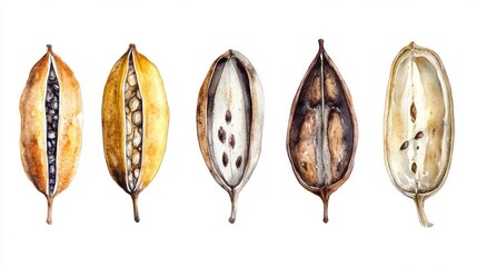 Watercolor Seed Pods: Six Different Types on White Surface