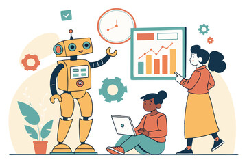 Colorful STEM Education Illustration – Kids and Adults Learning Robotics, Programming, and Data Analysis