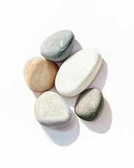 Gouache River Pebbles: Five Smooth Stones on White Background
