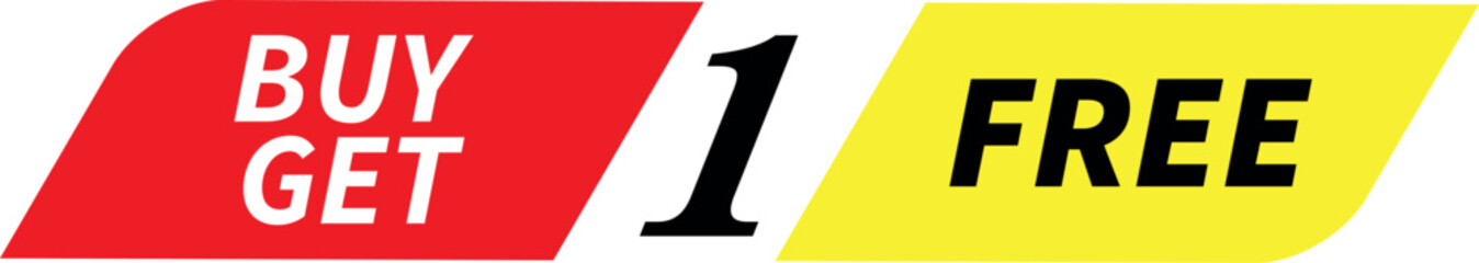 Buy one get one free promotional label in red, black, and yellow colors, used for discount offers and marketing	
