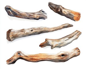 Watercolor Driftwood: Six Pieces on Clean White Surface
