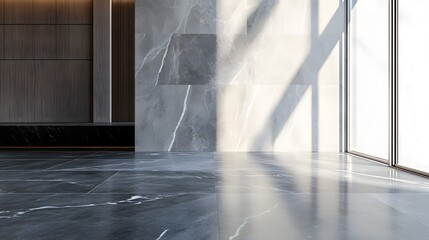 Modern interior design with marble and wood accents.