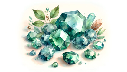 Watercolor-style topaz gemstone. Natural mineral. Emerald crystals. blue crystal beads