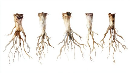 Watercolor Gnarled Roots: Five Small Roots on White Surface