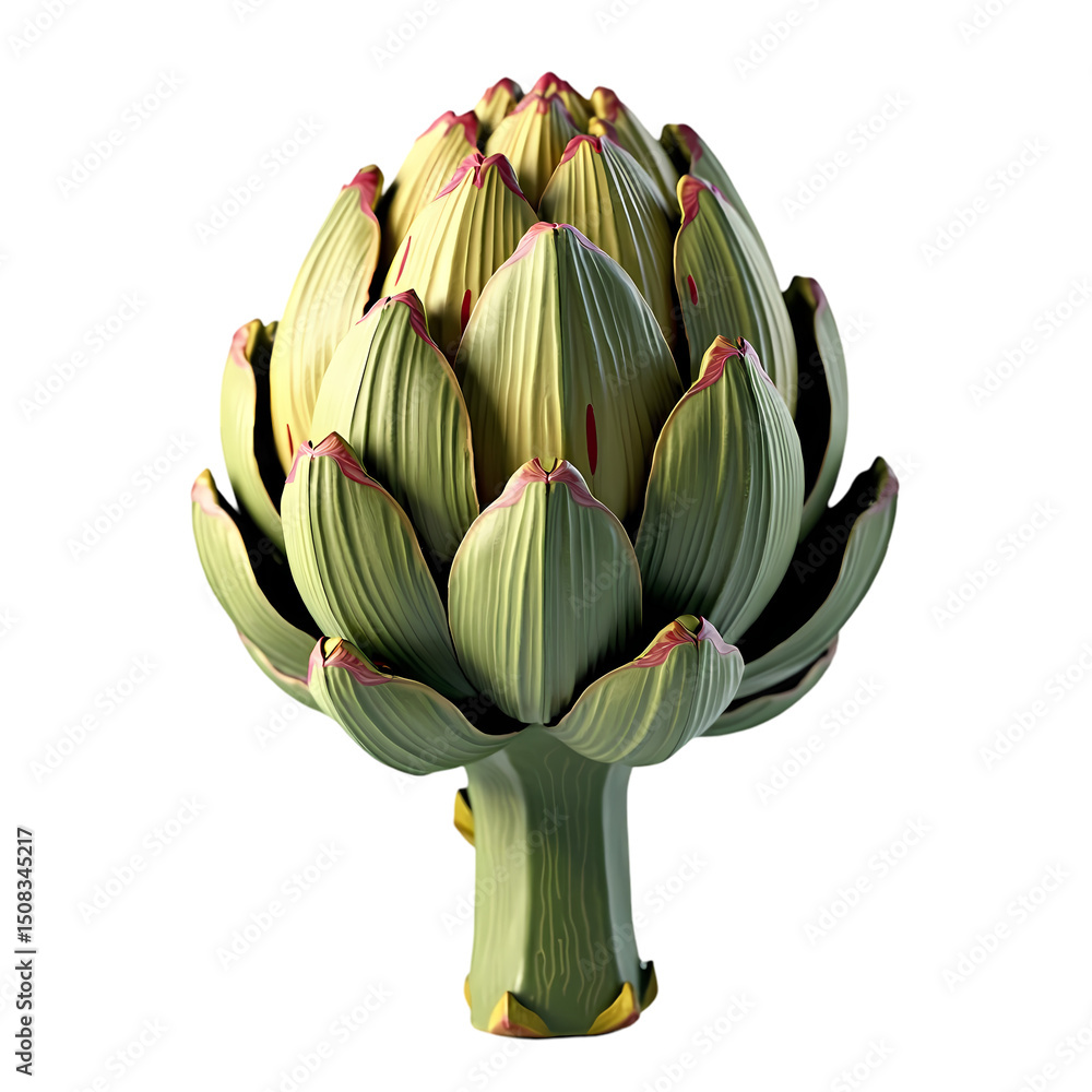 Poster close up of a single artichoke with green leaves and red tips against a black background in sharp fo