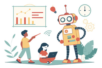 Colorful STEM Education Illustration – Kids and Adults Learning Robotics, Programming, and Data Analysis