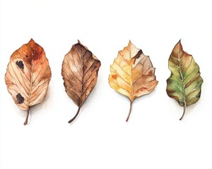 Watercolor Dry Leaves: Four Types on Clean White Background