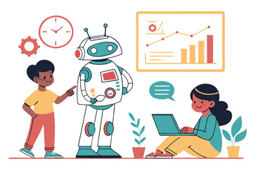 Colorful STEM Education Illustration – Kids and Adults Learning Robotics, Programming, and Data Analysis
