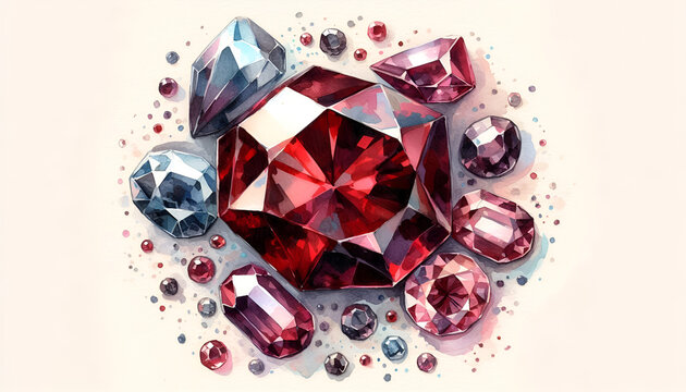 Illustration of a ruby in watercolor style. A unique red diamond. Garnet gemstone. Red stone