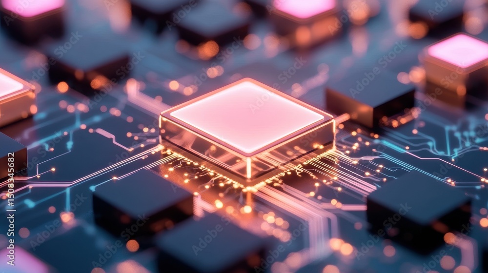 Aufkleber electronic components sit on a circuit board glowing orange and pink light. close up of computer mic