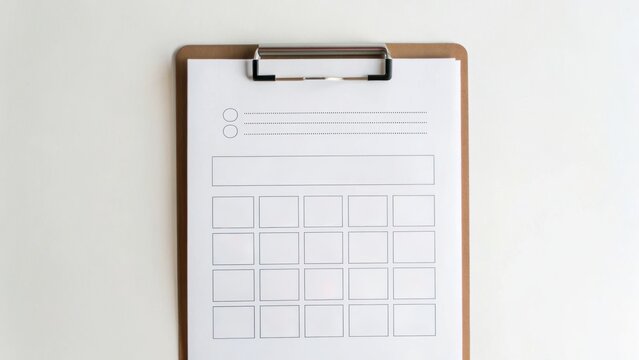 Minimalist clipboard with a blank form featuring checkboxes and lines for notes, set against a white background.