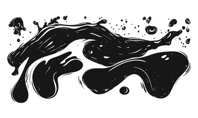 Liquid elements of water and drops on transparent background, linocut style vector, drawing, cartoon style.