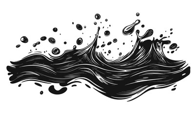 Liquid elements of water and drops on transparent background, linocut style vector, drawing, cartoon style.