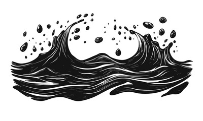 Liquid elements of water and drops on transparent background, linocut style vector, drawing, cartoon style.