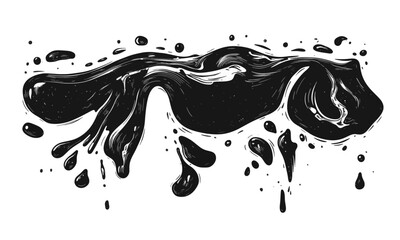 Liquid elements of water and drops on transparent background, linocut style vector, drawing, cartoon style.