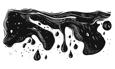 Liquid elements of water and drops on transparent background, linocut style vector, drawing, cartoon style.