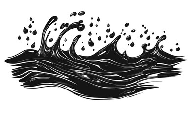 Liquid elements of water and drops on transparent background, linocut style vector, drawing, cartoon style.
