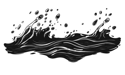 Liquid elements of water and drops on transparent background, linocut style vector, drawing, cartoon style.