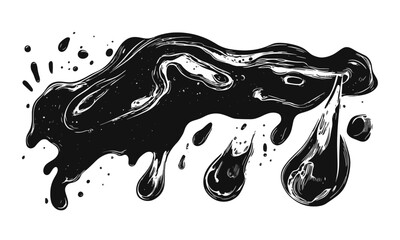 Liquid elements of water and drops on transparent background, linocut style vector, drawing, cartoon style.