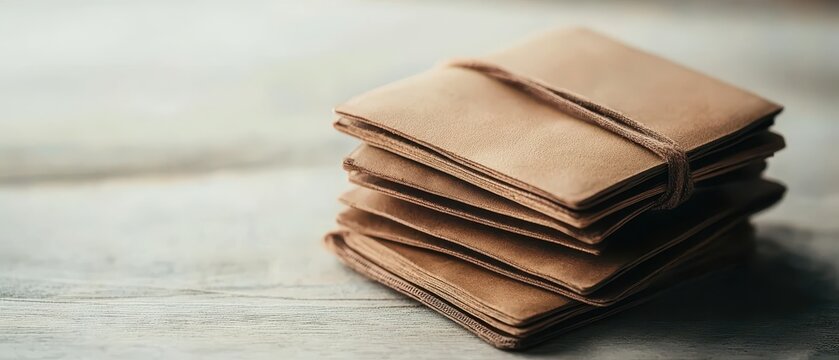 Stack of tan paper envelopes bound with string on a neutral wood grain surface. Documents piled together. Communication concept.