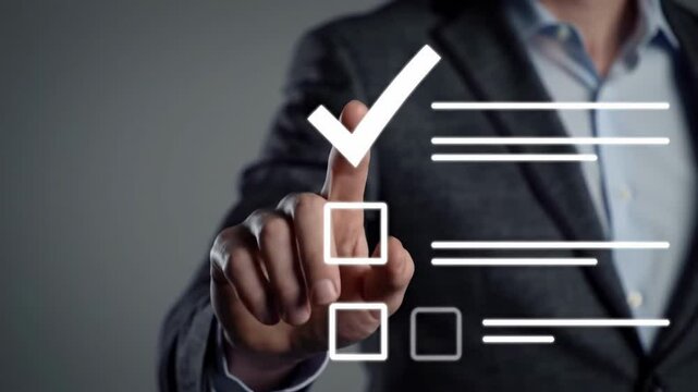 Finger selects checkmark box affirming task success on digital screen with confidence