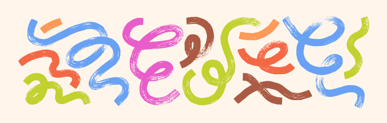 Abstract swirls, brushstrokes in doodle style. Curvy wavy shapes, spiral paint brush strokes, design elements set. Drawn textured curves, curls. Flat vector illustration isolated on white background.