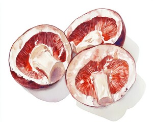 Watercolor Sliced Mushrooms: Four Cross-Sections on White