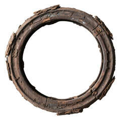 Obraz premium A worn-out wooden wheel rim with bark still clinging to the edge